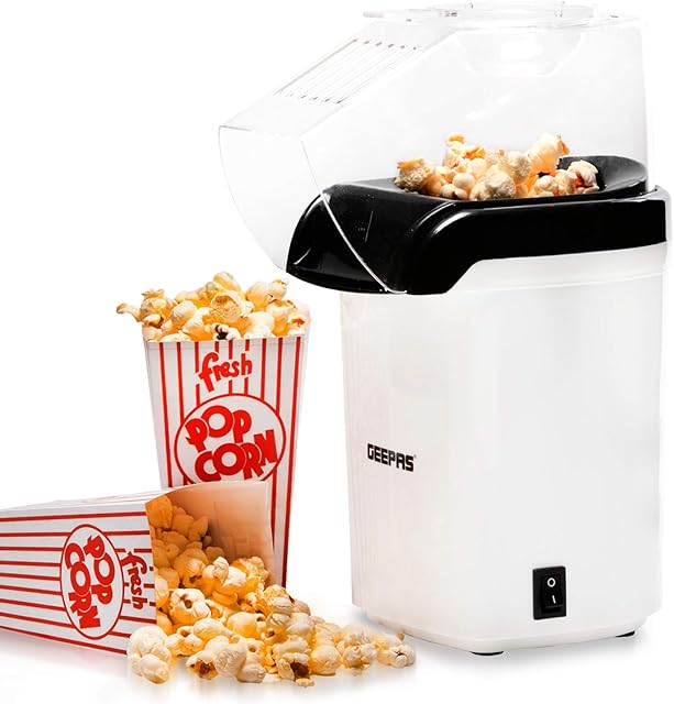 Geepas 1200W Electric Popcorn Maker | Makes Hot, Fresh, Healthy & Fat-Free Theater Style Popcorn Anytime | On/Off Switch, Attractive Design & Oil-Free Popcorn Popper - 2 Years Warranty