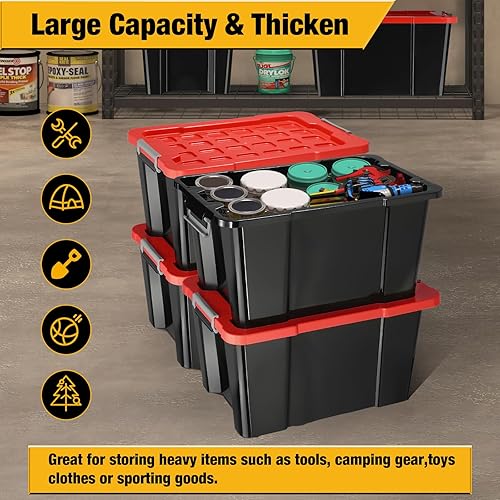 Miniatura 3 de V12 - Contenedores de almacenamiento resistentes con tapas de cierre, contenedores apilables de plástico resistente con asas para herramientas,