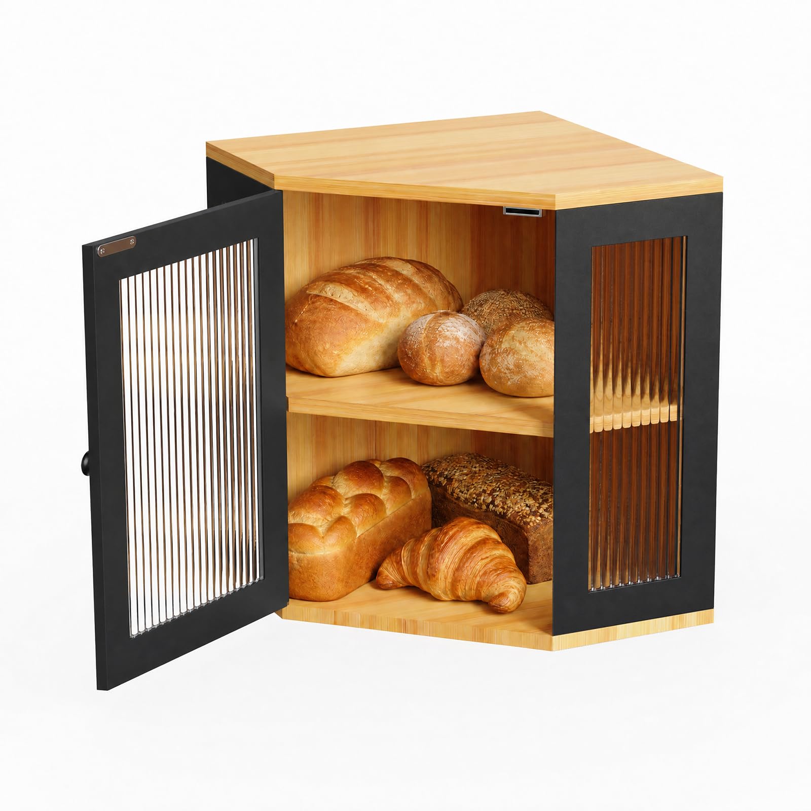 Panera de madera de 2 niveles con ventana, estantería esquinera de cocina para pan y utensilios de cocina, ahorra espacio y elegante, 29,5 x 29,5 x 35 cm, color negro
