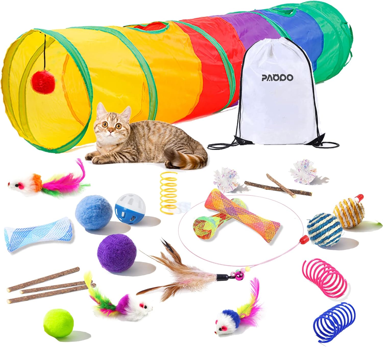 PAOPO 25Pcs Cat Toys Kitten Toys Assorted, Collapsible 2 Way Cat Tunnel Cat Feather