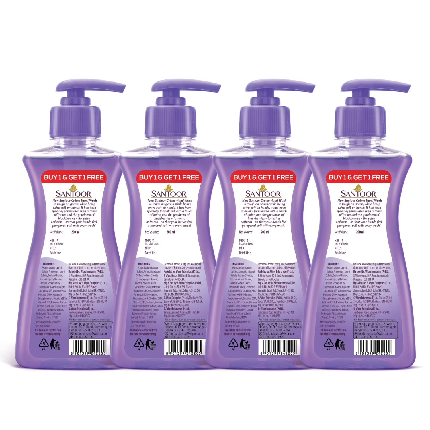 Santoor Crème Handwash 200ml, Pack of 4 with Touch of Lotion| Made with Berries & Tulsi| Rich Lathering Formula with Anti-Bacterial Properties| Soft on Hands| Soothes & Hydrates Skin 1