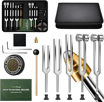 5 in 1 Tuning Forks for Healing Set, 5 Frequencies 128Hz, 136.1Hz, 256Hz, 384Hz, 528Hz Sound Therapy Kit with Activator & Leather Case, Premium Gift for Meditation, Yoga & Chakra