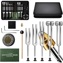 5 in 1 Tuning Forks for Healing Set, 5 Frequencies 128Hz, 136.1Hz, 256Hz, 384Hz, 528Hz Sound Therapy Kit with Activator & Leather Case, Premium Gift for Meditation, Yoga & Chakra