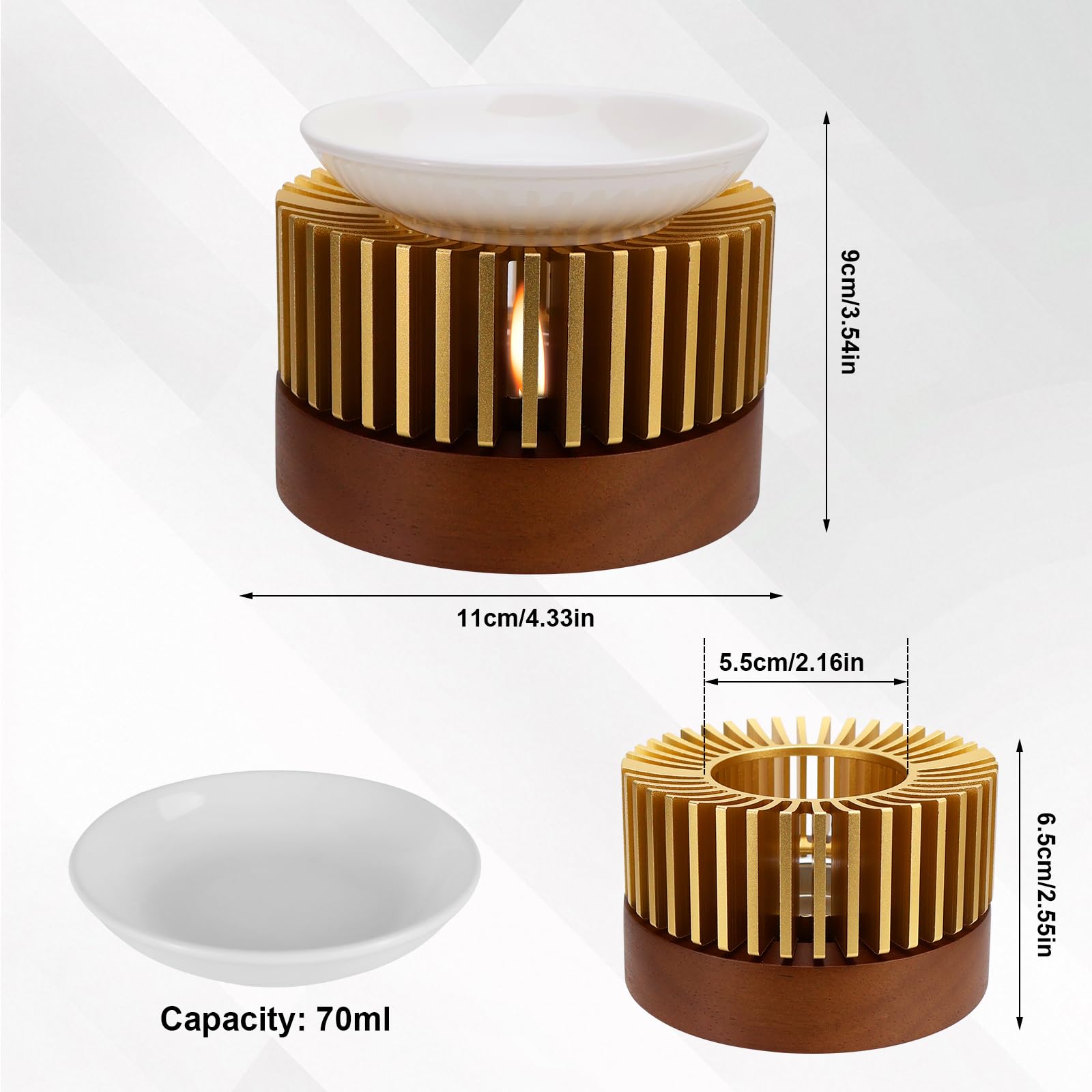 Lampe parfumée pour huiles essentielles, bougie à thé, diffuseur d'arômes, diamètre : 11 cm, en aluminium, avec bol en céramique, pour aromathérapie et décoration (doré)