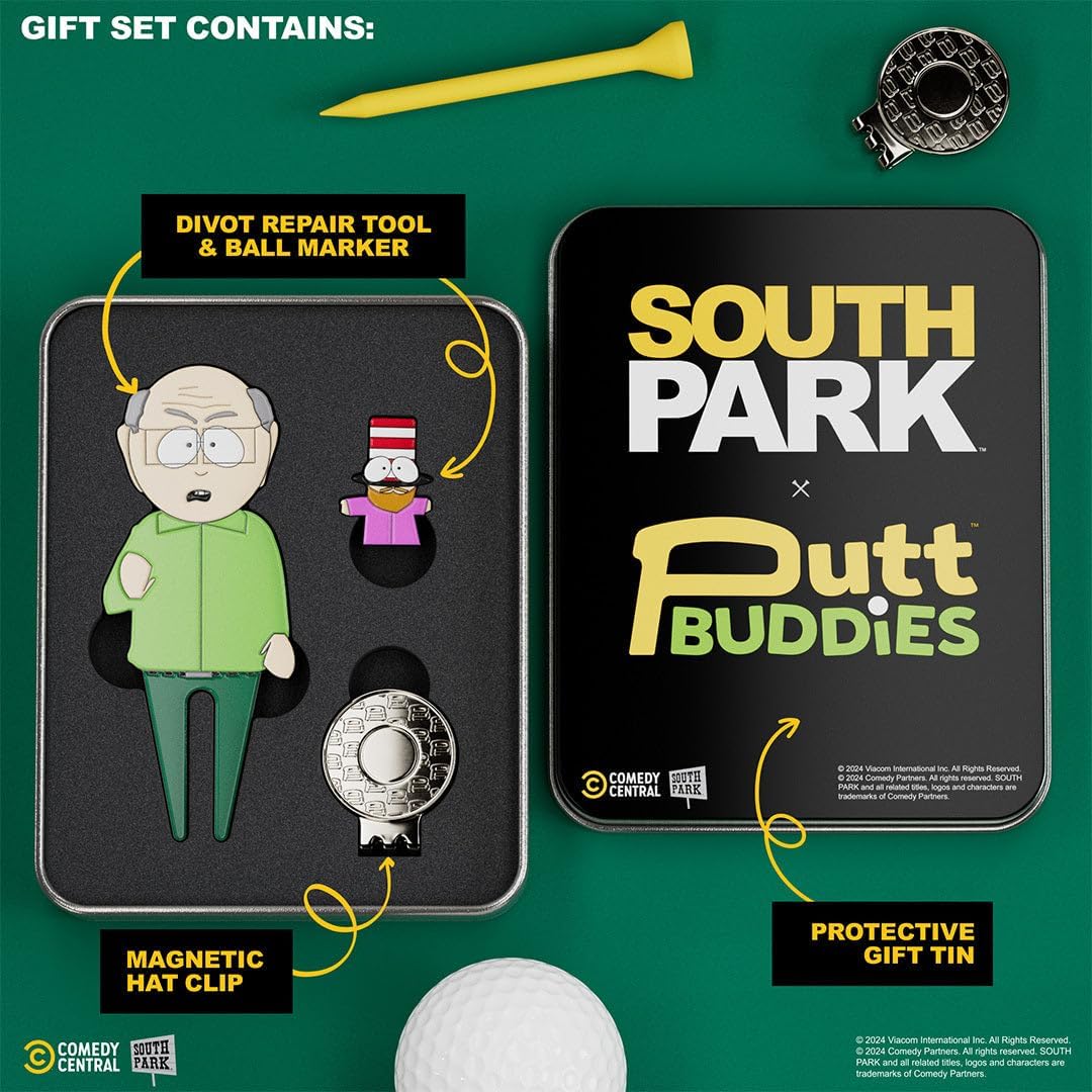 South Park Mr. Garrison Divot Tool with Mr. Hat Ball Marker – Officially Licensed South Park Golf Accessories Set – Metal Divot Repair Tool with Magnetic Ball Marker for Golfers
