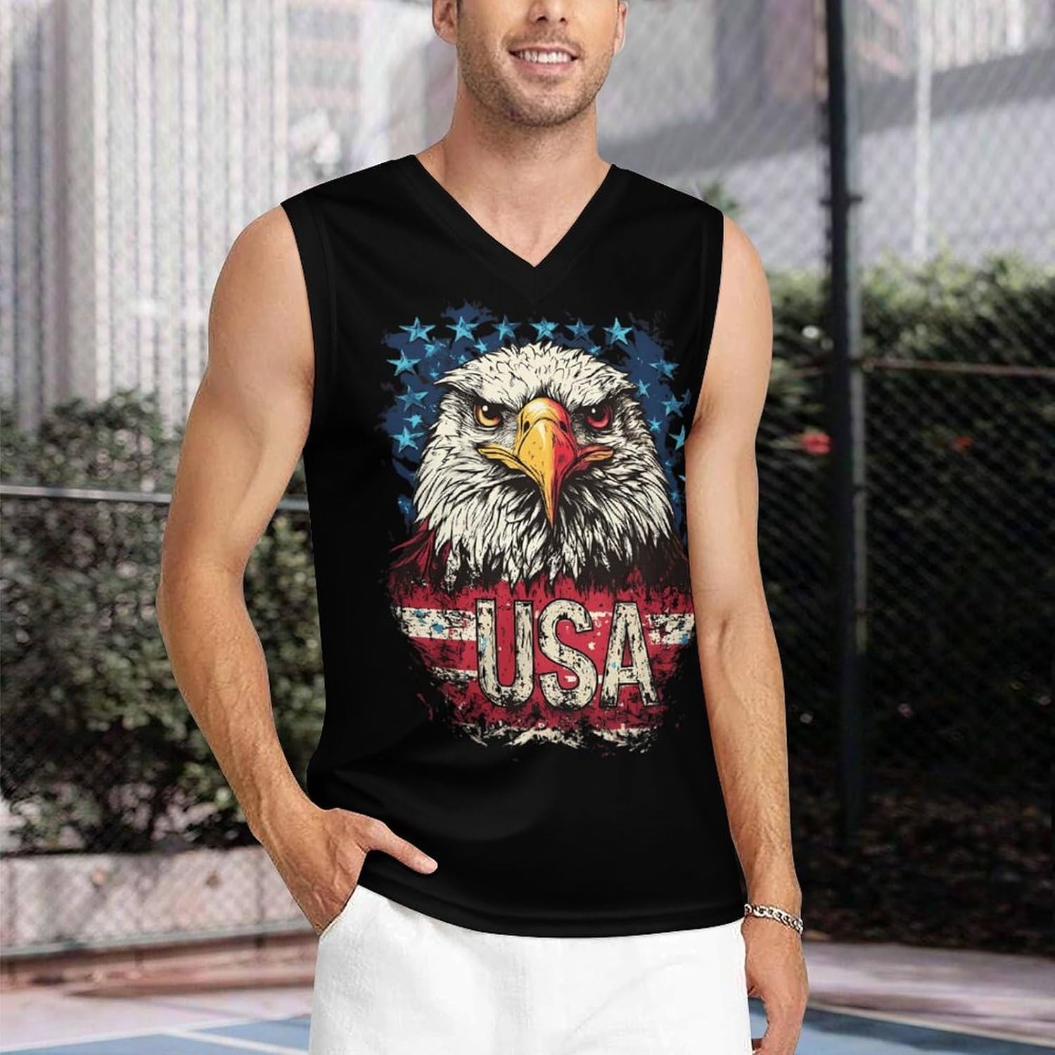 Ea-gles Flag USA Men's V-Neck Basketball Tank Top Sleeveless Workout Tank Shirts Gym Fitness Tees Vest