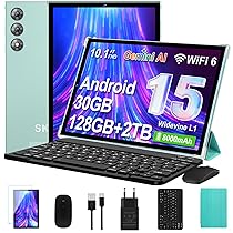 Tablet 10 Pollici Android 15 con Gemini AI, 30GB RAM 128GB+2TB Esp., Octa-Core, WiFi 6 BT 5.0, Widevine L1, Batteria 8000mAh, Fotocamera 8, 5 MP, Tastiera Mouse Custodia, Corpo in Metallo – Verde