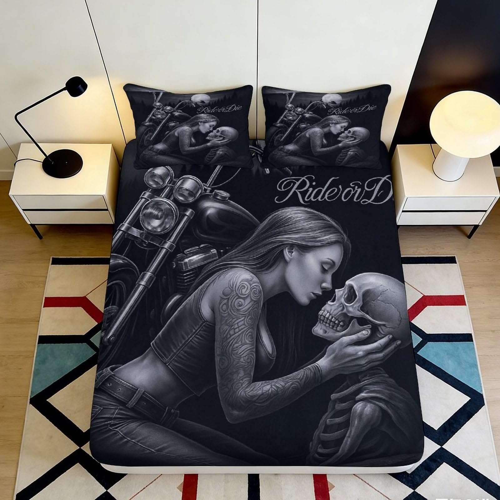 3D Printed Gothic Skull Fitted Sheet Microfiber Elastic Hem for Adults Teens Bedroom Gothic Skull Mattress Fitted Cover Washable 160x200x25cm