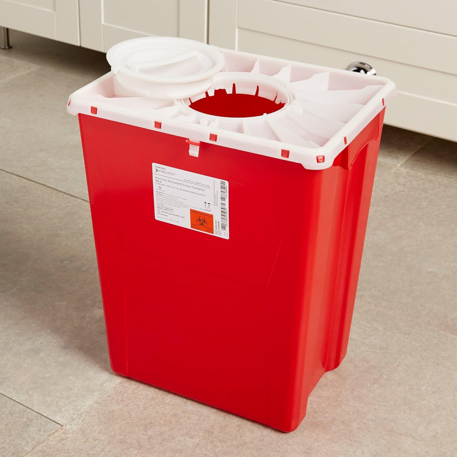 McKesson Prevent Biohazard Sharps Container, Premium - PG-II, Plastic, Vertical Entry, Rotating Lid - Red, 12 gal, 13 in x 17 3/10 in x 20 4/5 in, 8 Count
