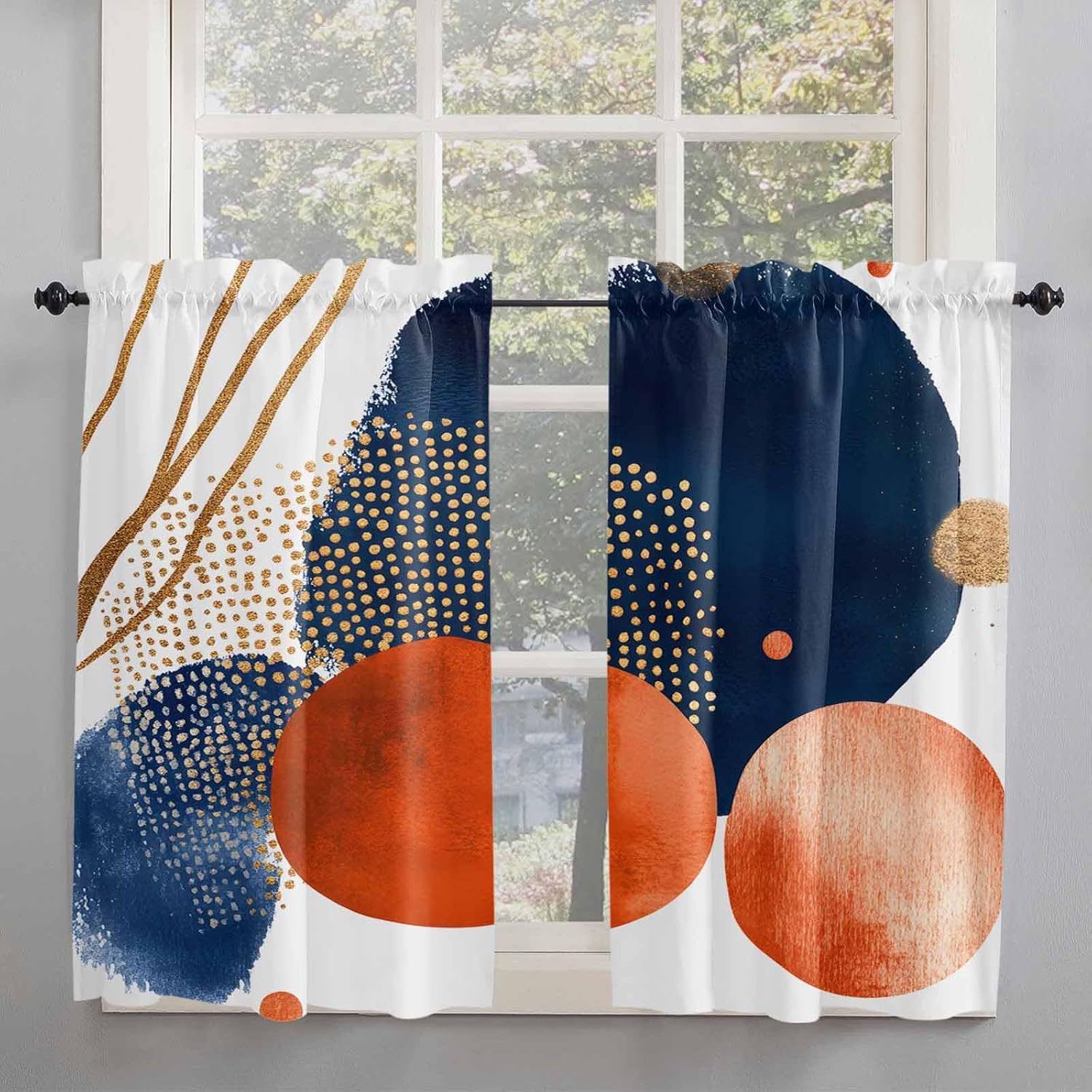 Navy Blue Burnt Orange Kitchen Curtains, Middle Century Modern Geometric Light Filtering Window Curtain Panels, 2Pcs Rod Pocket Window Treatments Set for Cabin Bathroom Bedroom 52x45 Inches