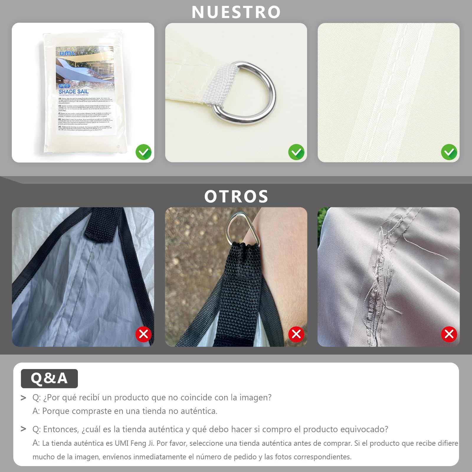UMI Toldo Vela de Sombra Impermeable 3x3m Cuadrado Protección UV 95% para Terraza Jardín Patio Exteriores - Color Crema