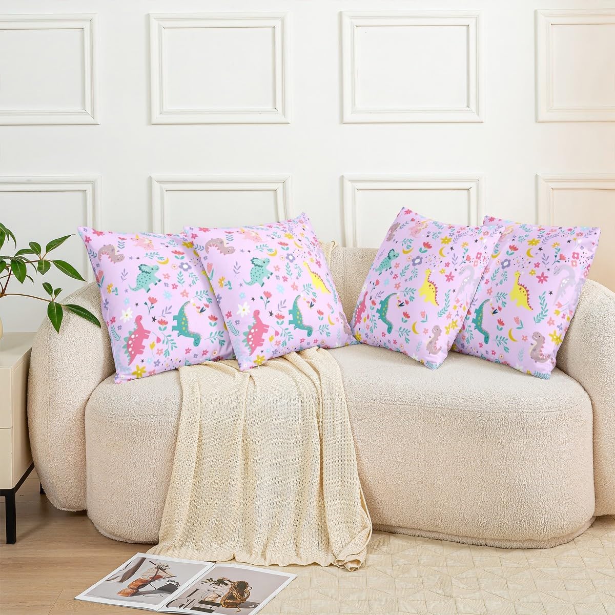 Cartoon Dinosaur Double Sides Print Pillow Cover,Cute Animals Purple Single Pack Throw Pillow Case Cover for Sofa Couch Chair,Colorful Flowers Leaves Cushion Cover Room Decor,18"x18" image 5