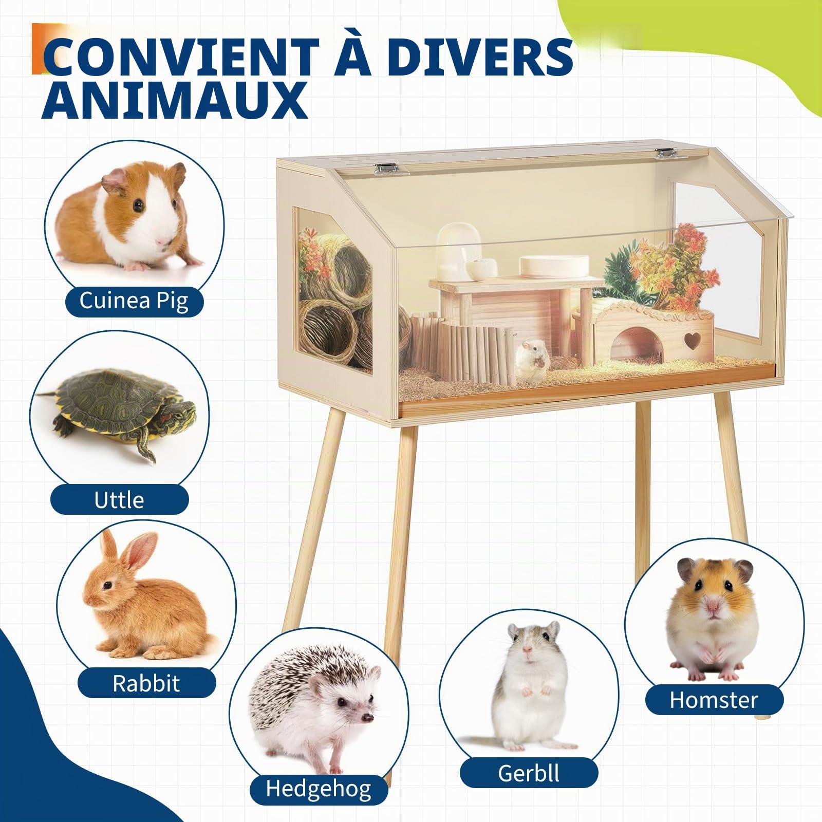 Cage en Bois pour Petits Animaux avec Pieds – Habitat ventilé, fenêtre Acrylique, Toit ouvrant, Anti-Rongeur, Petite Taille 81,28x40,64x101,60cm – pour Hamster Nain, Gerbille, Rat
