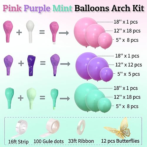 Miniatura 5 de Kit de arco de globos rosa, morado y verde menta, globos pastel de doble relleno con mariposas doradas para baby shower, cumpleaños de niña, tema de