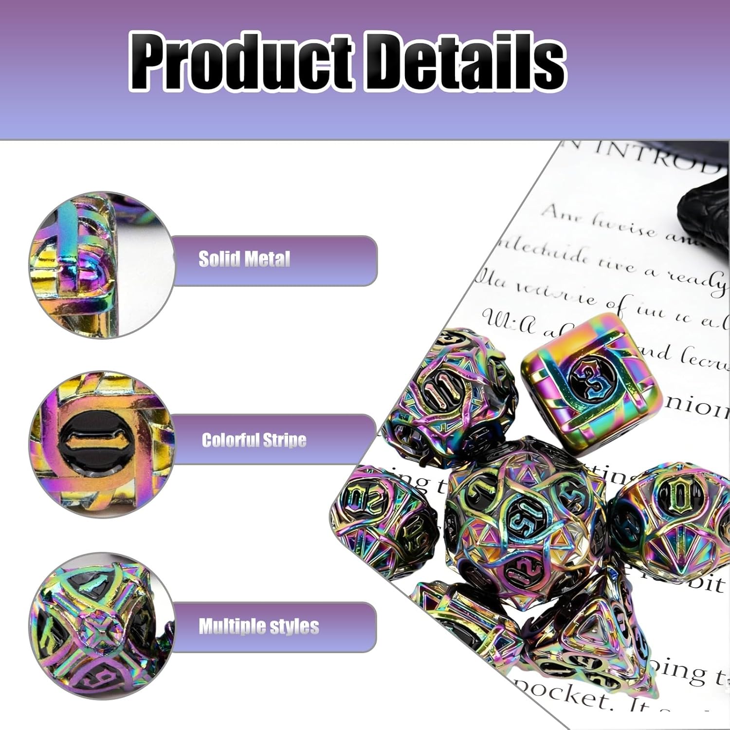 7pcs Colorful Stripe Metal Dice, Solid Metal Polyhedral, Compatible with Role-Playing RPG Board Game Card Game