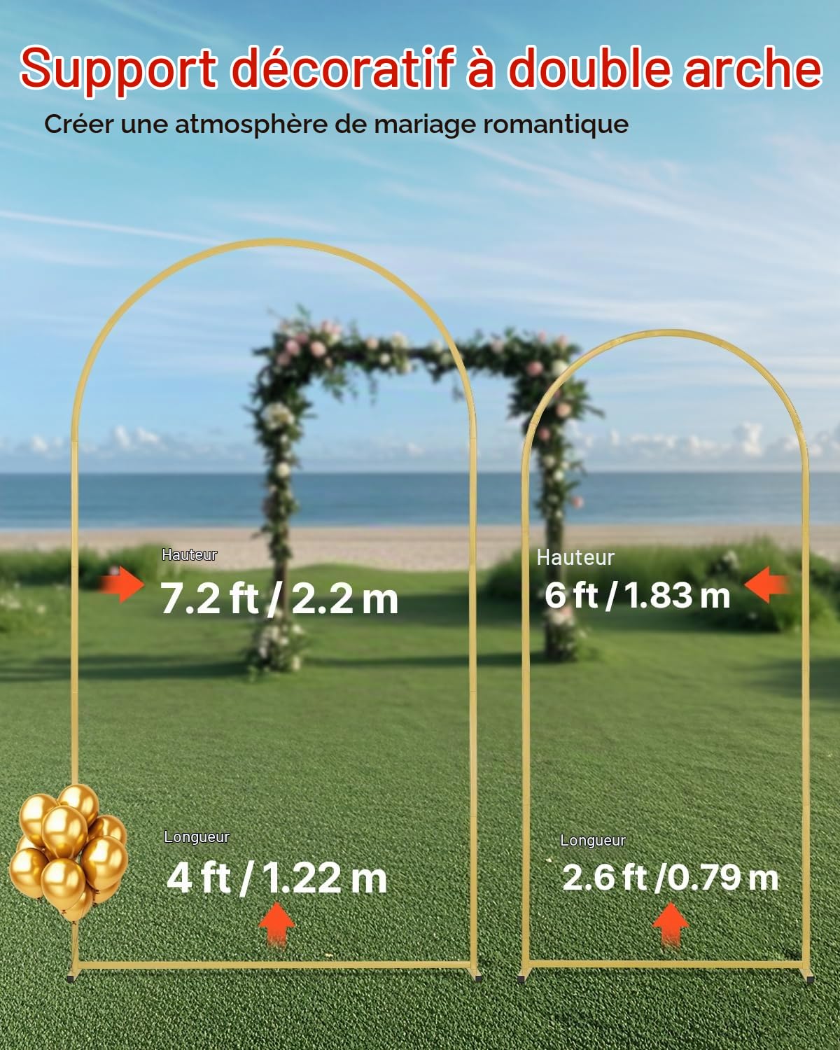VEVOR Support de Fond Arche de Mariage, Lot de 2, Support Stable Métal, 2200 mm, 1805 mm, Barre Transversale de Châssis, Facile à Assembler, pour Anniversaire, Célébration, Cérémonie, Fêtes, Doré