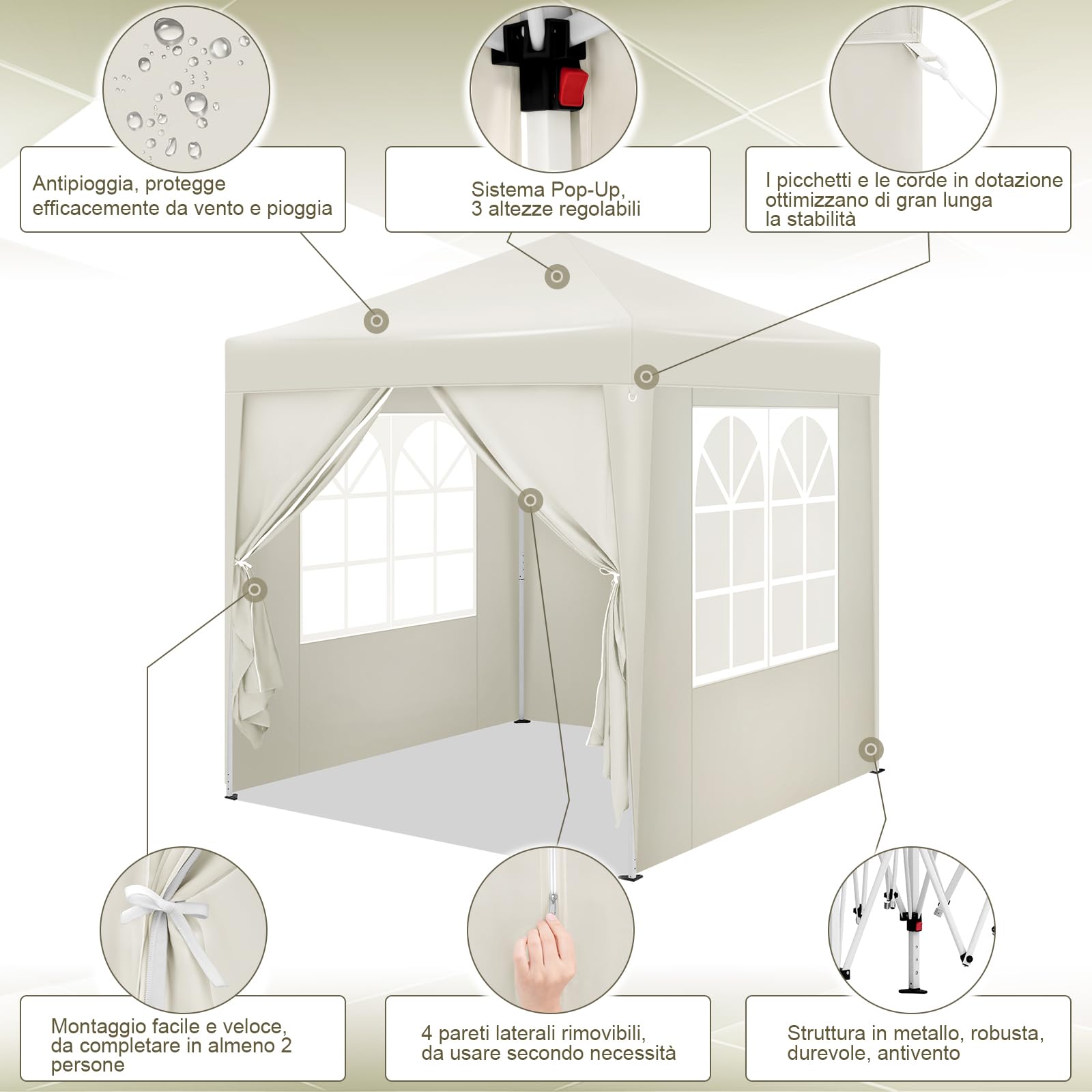 WOLTU Gazebo Pieghevole da Giardino, Gazebo Impermeabile Pop Up da 2x2m con Pannelli Laterali, Tendone Esterno, Altezza Regolabile, Protezione UV, con Custodia, Beige