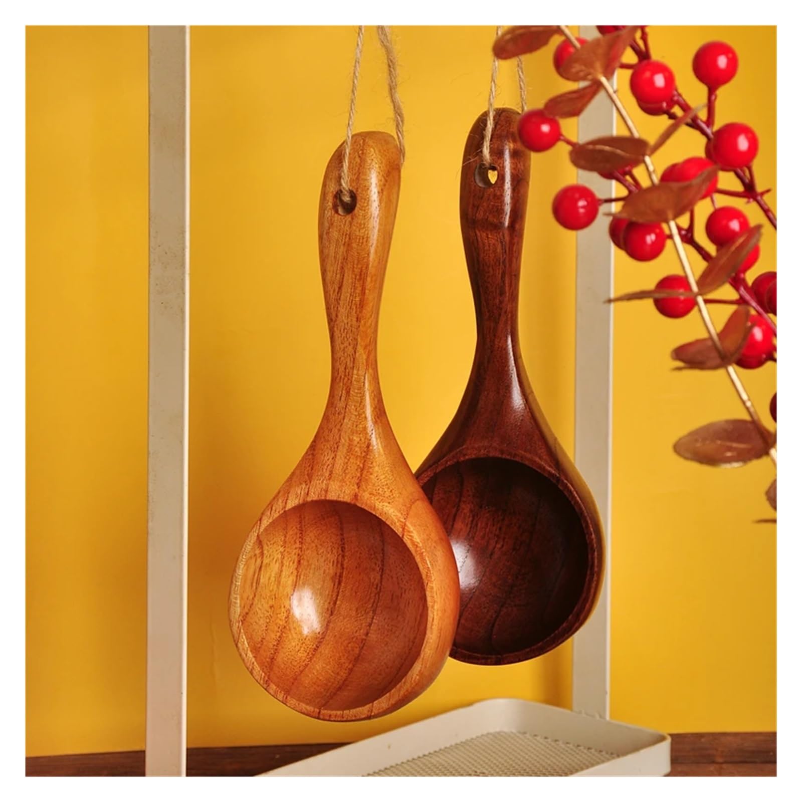 Lot de 2 cuillères à ramen en bois, style japonais, louche à soupe à manche court, accessoires de cuisine pour bouillon et cuillère à eau