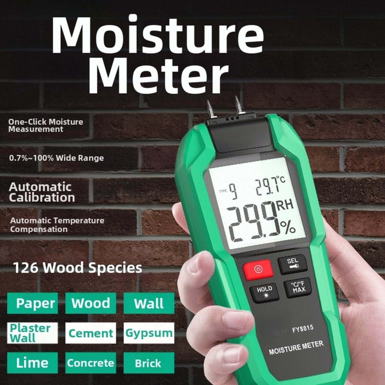 Misuratore di umidità del legno digitale, rilevatore di umidità per 126 materiali, intervallo di misurazione 0,7%-100%, test rapido con display