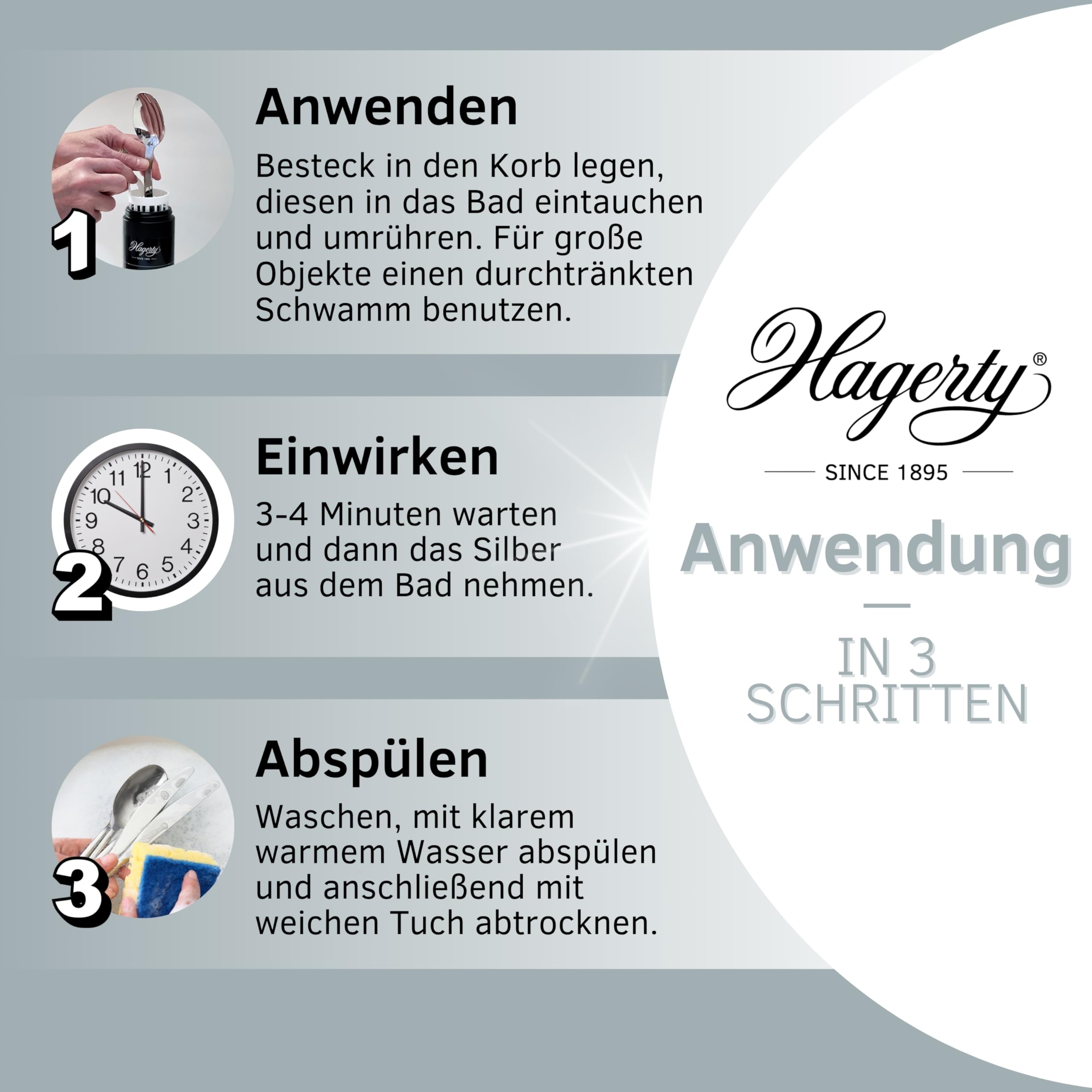 Hagerty Zestaw 2 srebrnych kąpieli do czyszczenia srebra z ochroną antyoksydacyjną 580 ml każdy | Skuteczny środek do czyszczenia naczyń ze srebra i metalu w kolorze srebrnym | Kąpiel czyszcząca