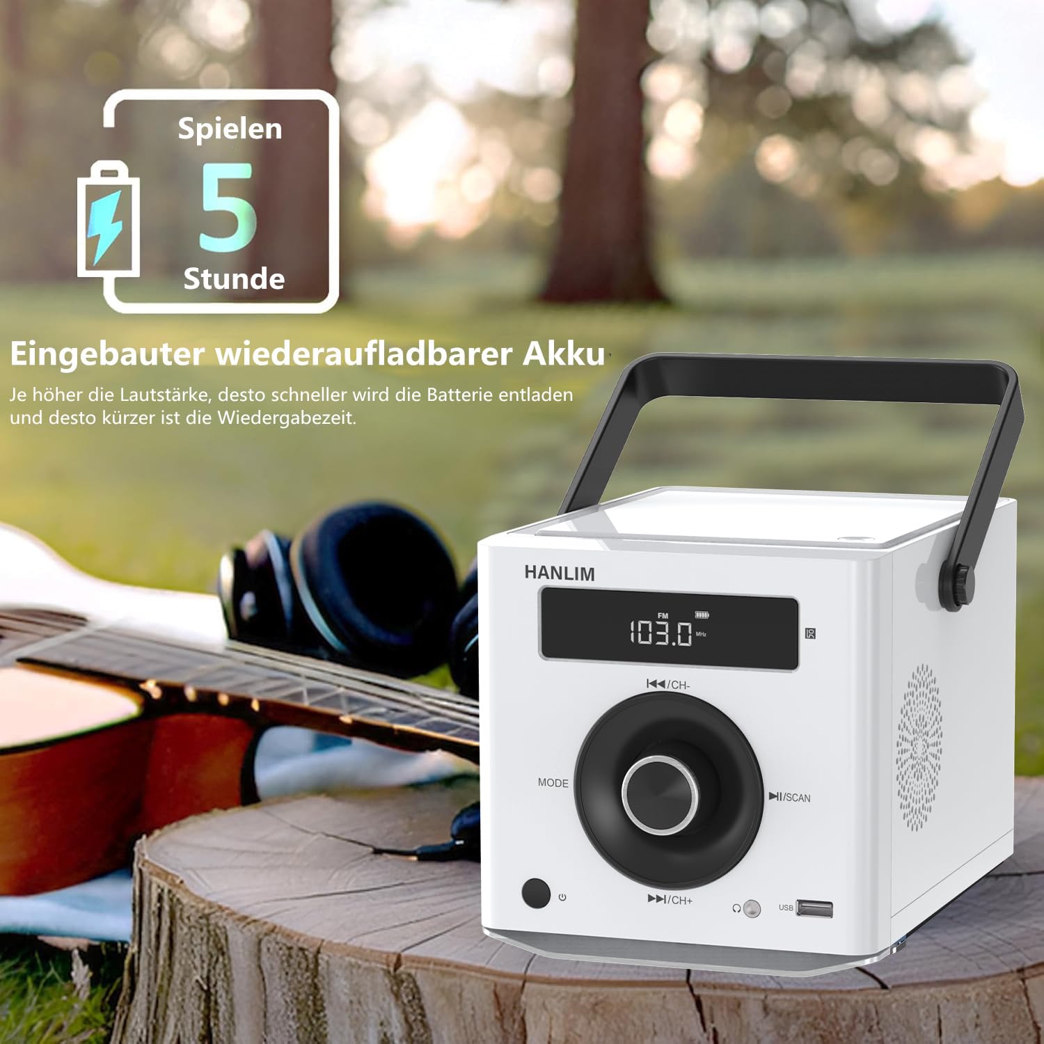 CD Player Tragbar mit Bluetooth, UKW Radio, 2000mAh wiederaufladbare Akku, MP3-Wiedergabe/USB/AUX-Eingang/Kopfhöreranschluss/Fernbedienung, 10W Lautsprecher, kompakter Tragbarer CD-Player, Weiß