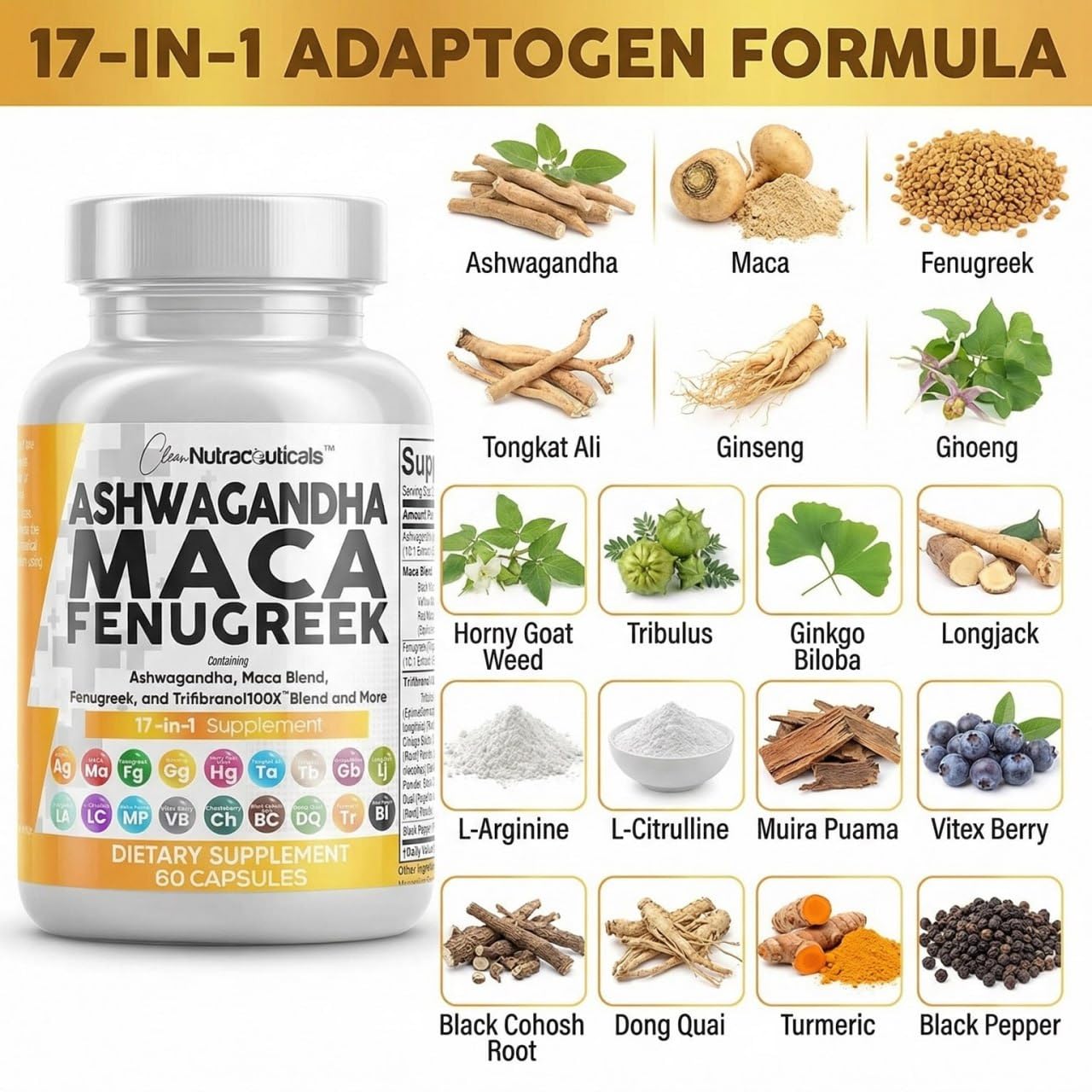 Clean Nutraceuticals Ashwagandha Maca Root Fenugreek Supplement with Tongkat Ali Ginseng - Assists with Stress, Mood & Thyroid - Ashwagandha Capsules Fenugreek Caps — Amazon image 4