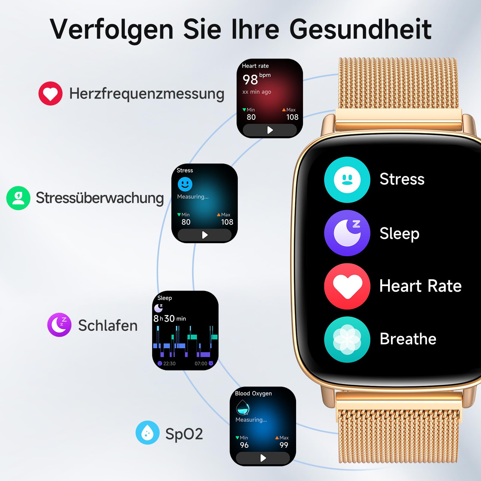 Smartwatch Damen mit Telefonfunktion 1.85" HD Herzfrequenz Schlafmonitor SpO2 Schrittzähler 110+ Sportmodi Fitnessuhr IP68 Wasserdicht Kompatibel iOS Samsung Android