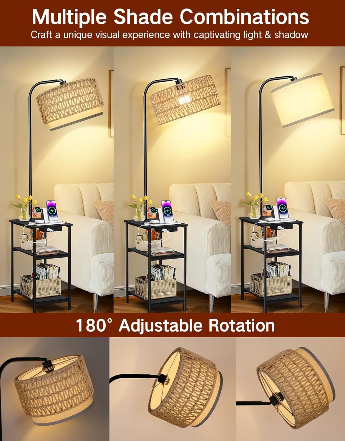 Floor Lamp with Table & Rattan Shade, Side End Table with Charging Station, Dimmable Nightstand with 3 Color Temperatures, 1-Hour Timer, 12W LED Bulb, for Living Room, Bedroom(Black)