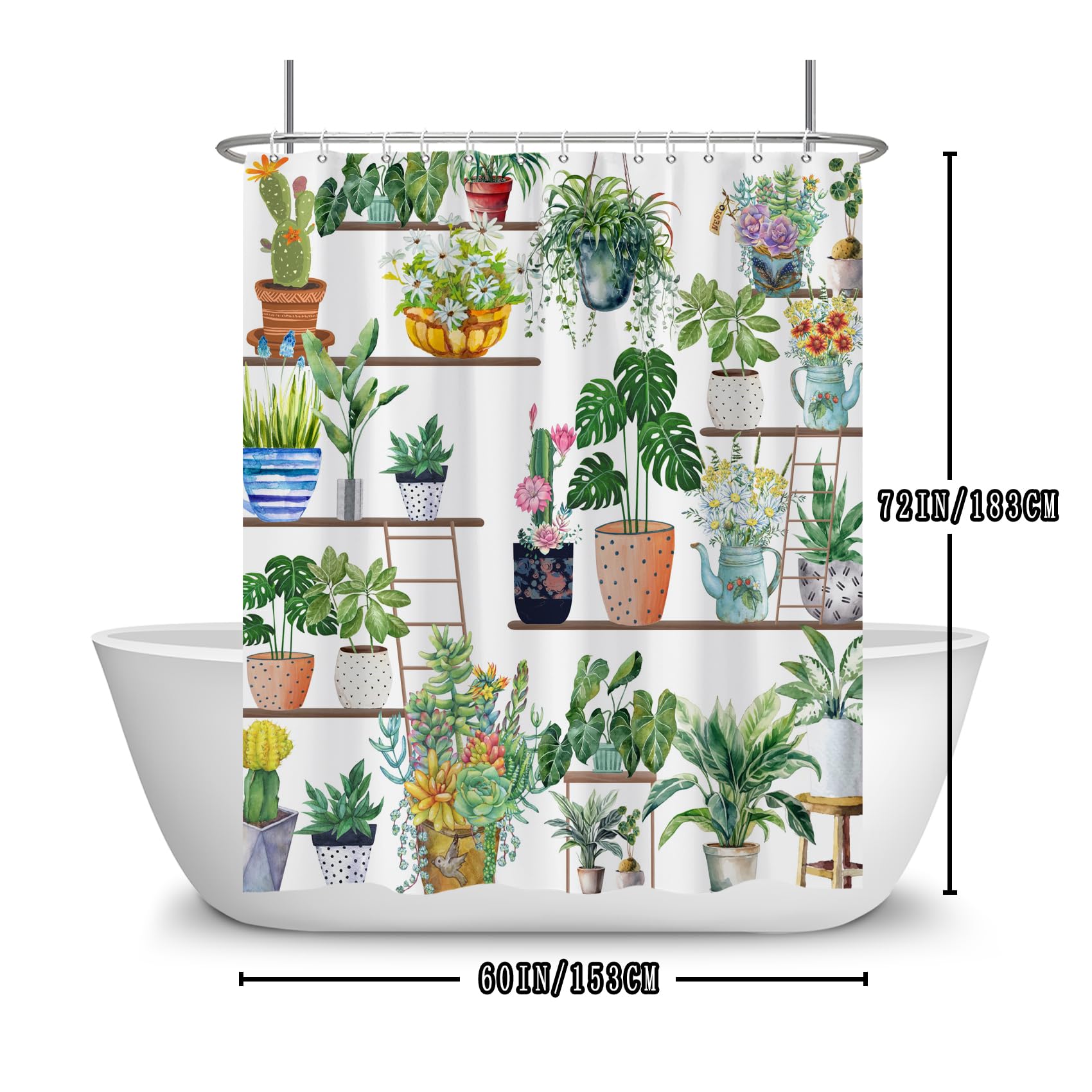 Cortina De Ducha Bohemia Con Plantas | Tela De Poliéster Impermeable | Incluye Ganchos | Diseño Botánico Verde Primaveral