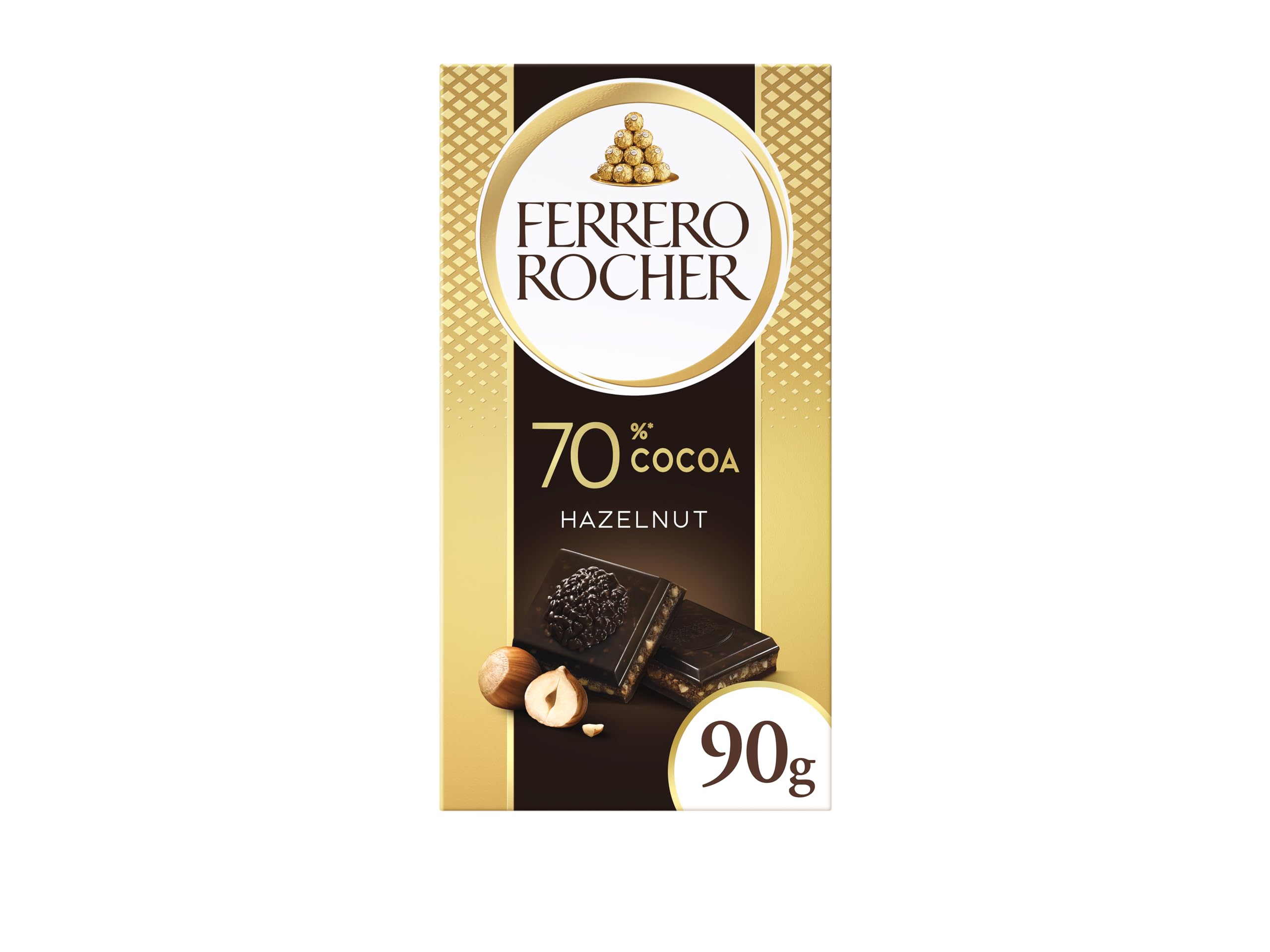 Ferrero Rocher Dark Chocolate and Hazelnut Bar, Chocolate Bars, 55 Percent Dark Chocolate with Crunchy Whole Hazelnut and Cocoa Filling, (90g)