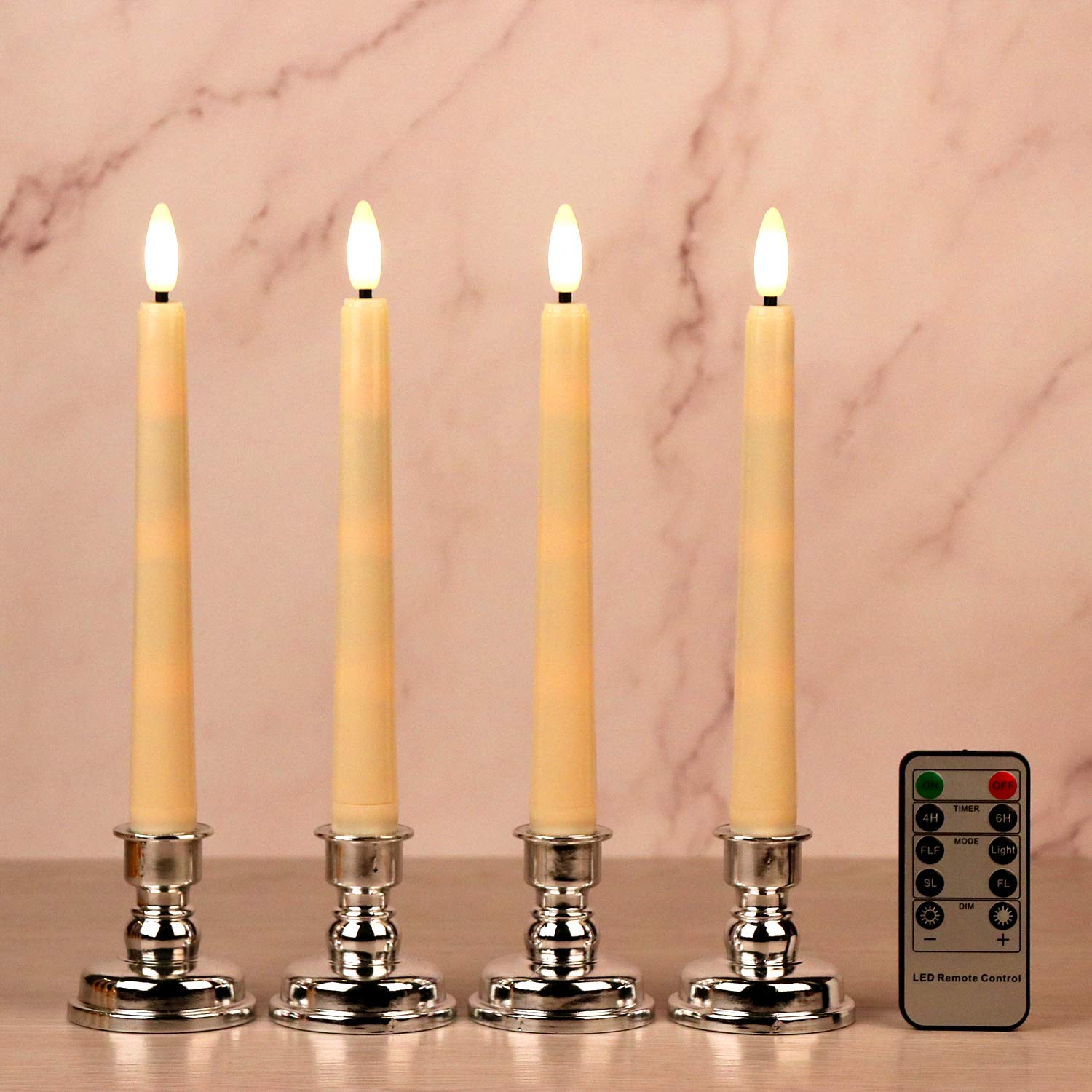 OWLBAY 4 Pack 3D Wick Flameless Window Candles with Remote & Timer, 8”H Ivory Battery Operated LED Taper Candles, Warm White Flame Flickering Light, Ideal for Tabletop/Christmas/Wedding/Party Decor…