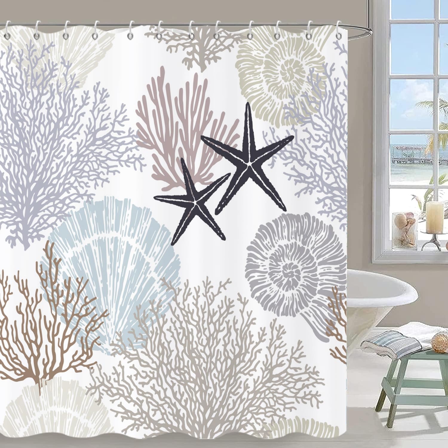 Nautical Coastal Shower Curtain, Brown Tan Blue Ocean Beach Seashell Starfish Themed Bathroom Curtain Waterproof Fabric Machine Washable with Hooks, 72" Wx78 L