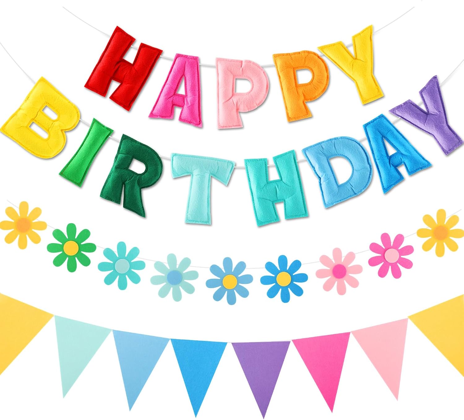 Felt Birthday Decorations, NO DIY, Pre-Strung 3D Felt Happy Birthday Banner with Fabric Flower Garland, Colorful Triangle Flags, Birthday Party Decorations for Women Men Boys Girls (Rainbow)
