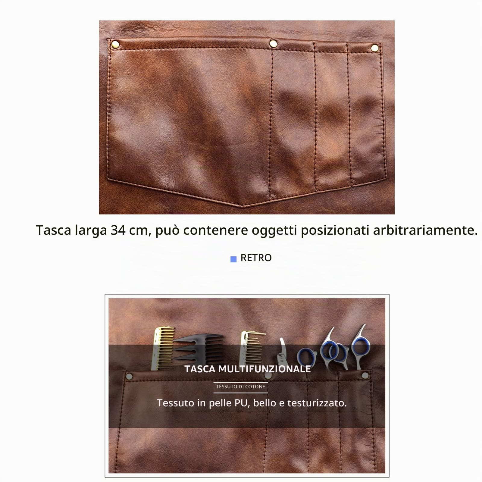 Grembiule chef impermeabile, in pelle PU, con tasche incrociate sulla schiena, per cucina, barbecue, barbiere, barista, lavoro manuale