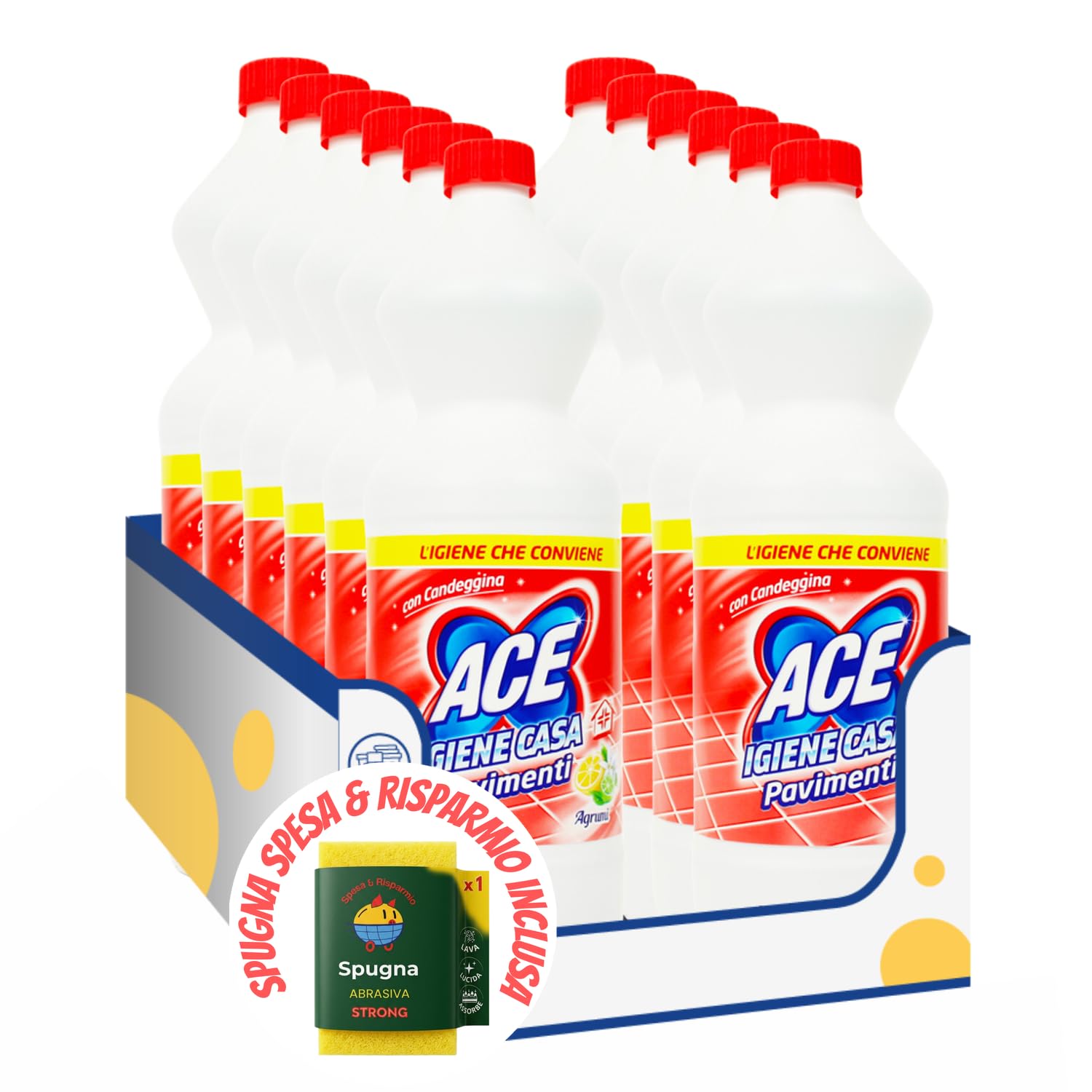 Detergente Igienizzante Pavimenti con Candeggina Agrumi 1L – Pulizia Profonda e Profumo Fresco kit con Spugna Brandizzata SPESA & RISPARMIO Inclusa – Variazioni 4/8/12 Pezzi (12)
