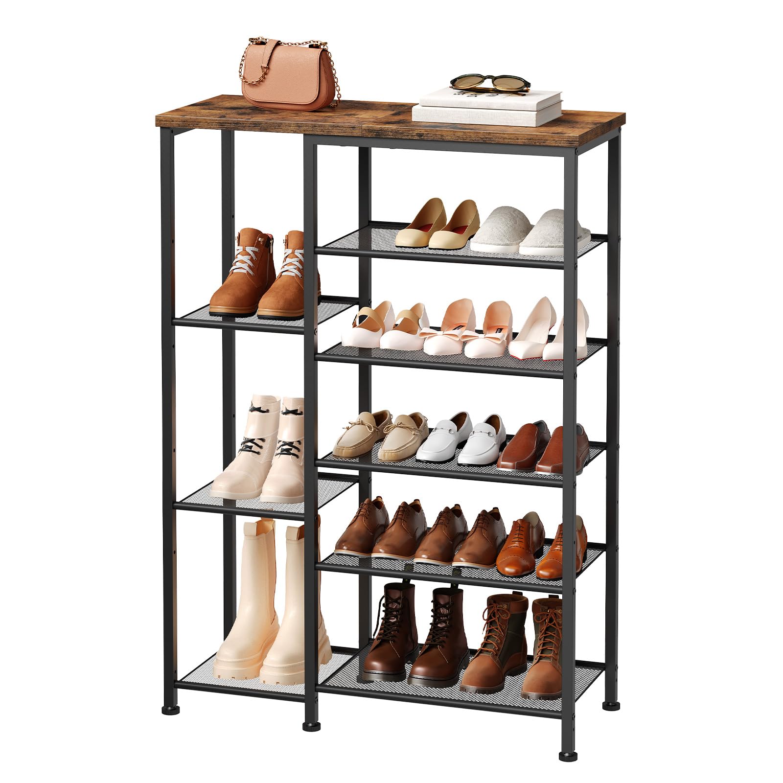 HOOBRO Schuhregal, 6-stöckiges Schuhablage, Schuh-Organizer, Metall Schuhständer, Große Kapazität Schuhschrank für Flur, Eingang, Stiefel, platzsparend, Vintagebraun und Schwarz EBF35XJ01