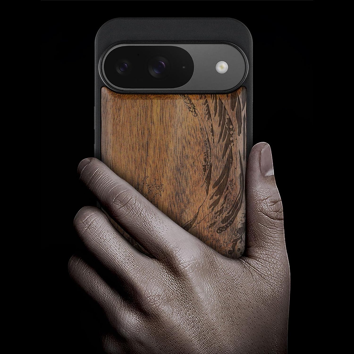 Carveit Magnetic Wooden Case for Google Pixel 9 Case, Wood Artisan Engraved & Soft TPU Shockproof Cover, Compatible with MagSafe Wireless Chargers (The Great Wave Off Kanagawa) Walnut