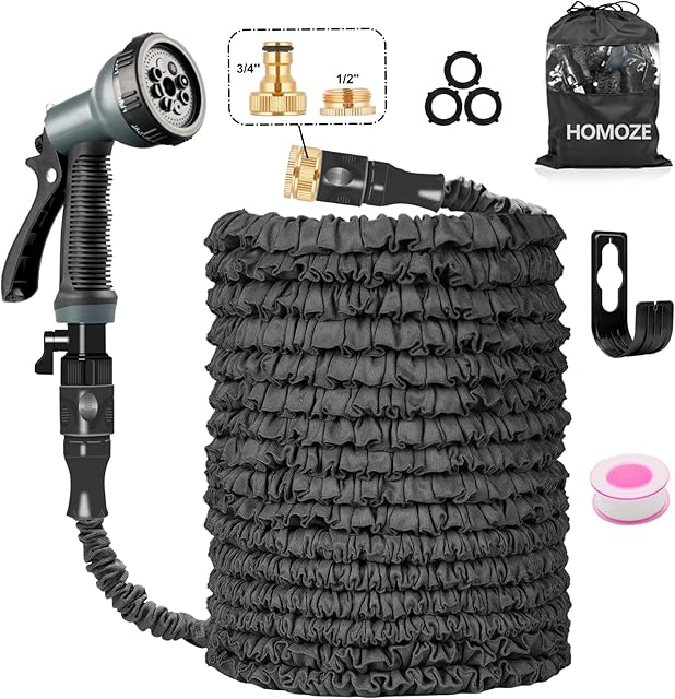 HOMOZE Expanding Hose Pipe, 50ft Garden Hose Pipe with 1/2", 3/4" and Leak-Proof Brass Fittings, Flexible Hose Pipe with 8 Function Spray Gun (Black,50ft)