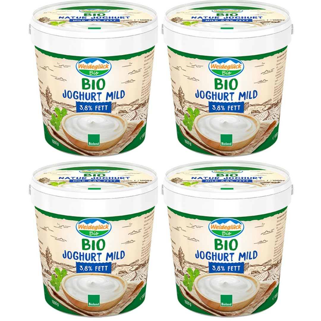 Weideglück Sahne Joghurt mild 3,8 Fett 1000 Gramm x 4 Stück [Frischegarantie]