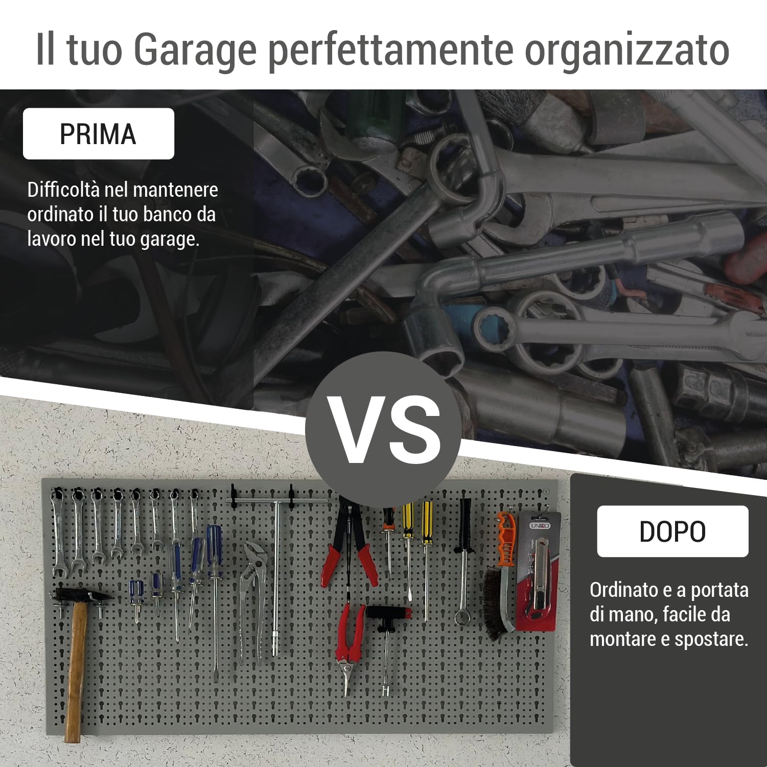 Crisalide® Pannello Portautensili Officina 100x50 cm con Kit Ganci Inclusi – Parete Porta Attrezzi in Metallo per Garage, Banco da Lavoro e Laboratorio – Organizer Utensili da Parete