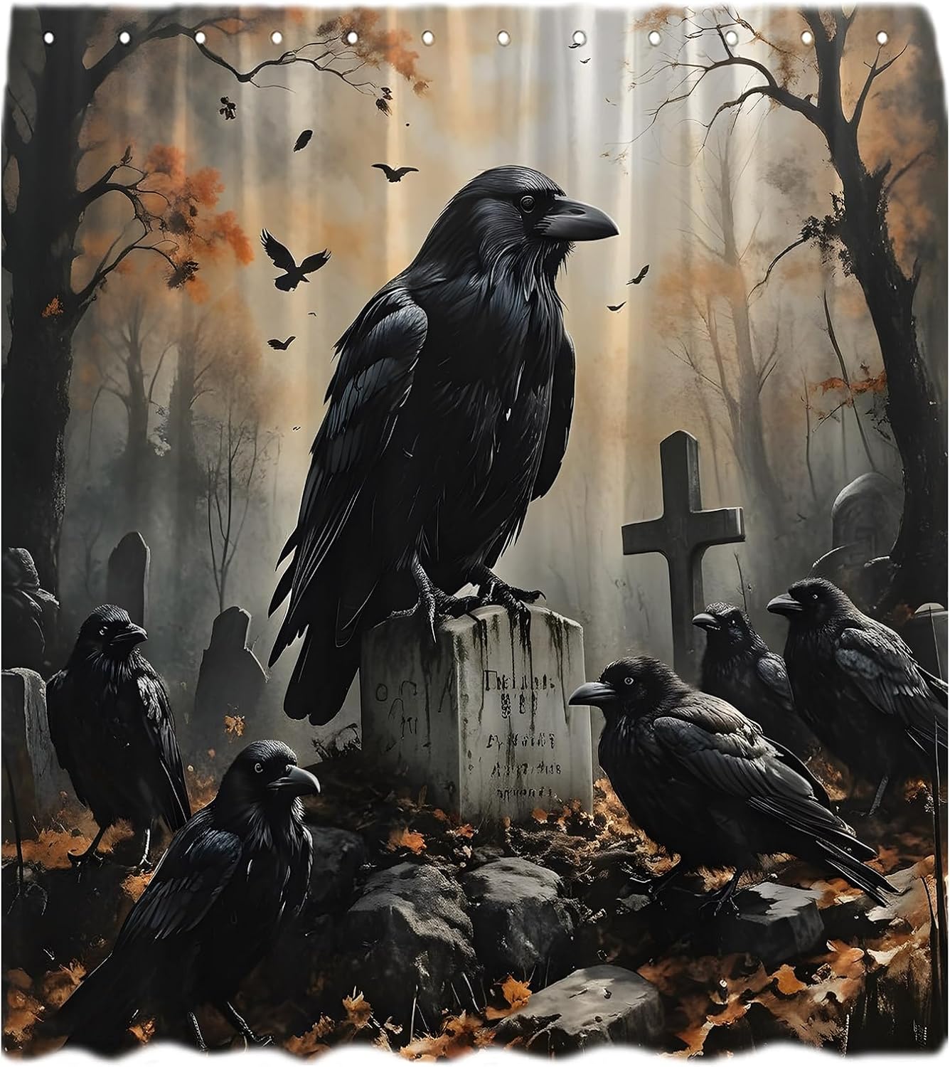 Gothic Crow Shower Curtain Halloween Raven Scary Crow Horror Skull Full Moon Night Starry Sky Graveyard Spooky Misty Forest Skeleton All Saints Day of Death Fabric Bathroom Curtain with Hook