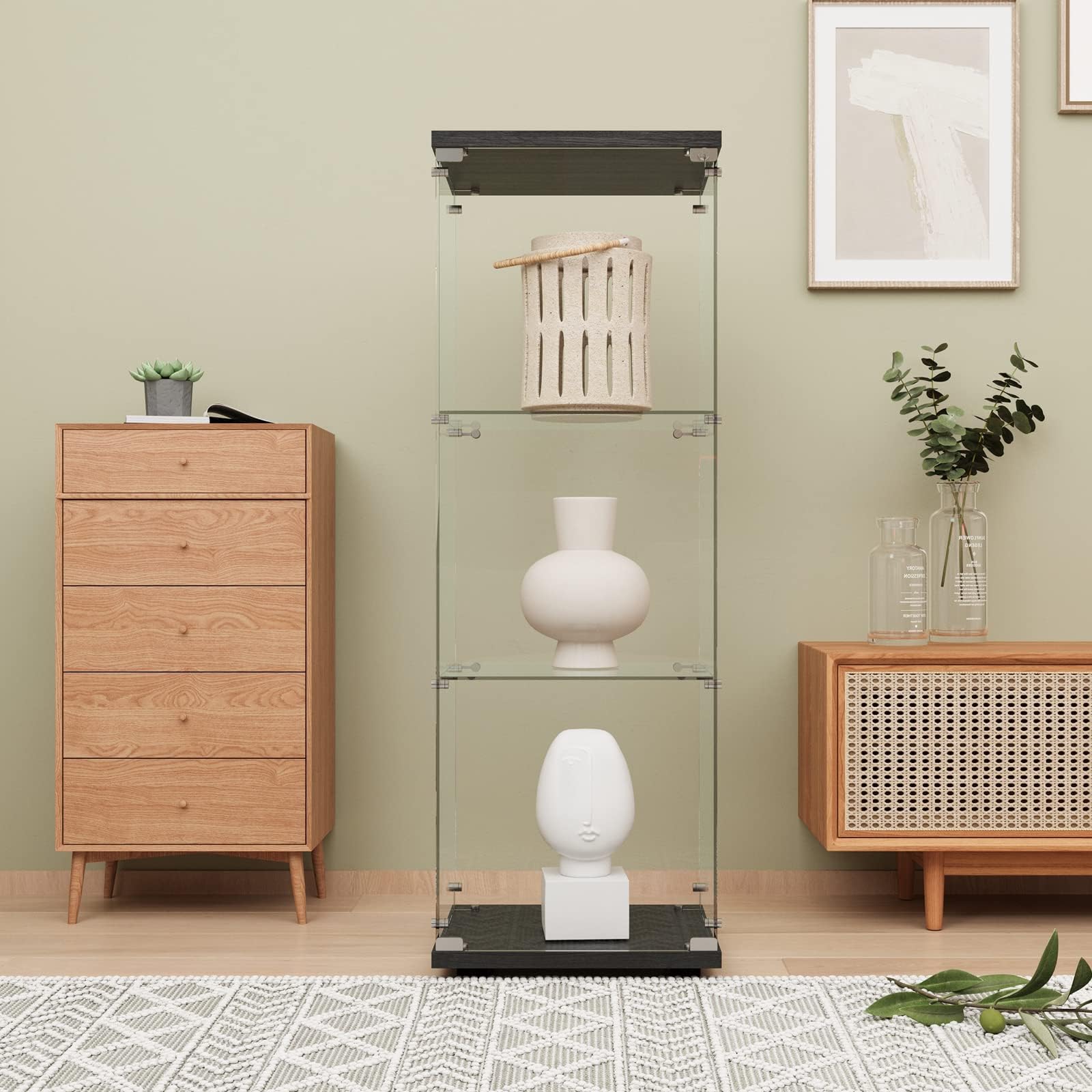 LFT HUIMEI2Y Glass Display Cabinet 3-Shelf with Door and Lock, Curio Cabinets Upgraded Quick-Install Style Tempered Glass Floor Standing Bookshelf for Bedroom, Living Room 49”x 17”x 14” Black