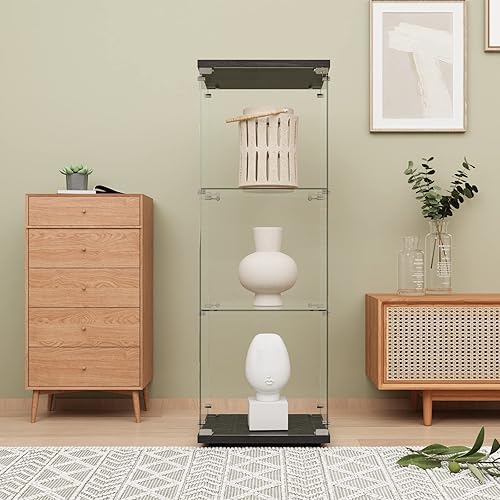 LFT HUIMEI2Y Glass Display Cabinet 3-Shelf with Door and Lock, Curio Cabinets Upgraded Quick-Install Style Tempered Glass Floor Standing Bookshelf for Bedroom, Living Room 49”x 17”x 14” Black