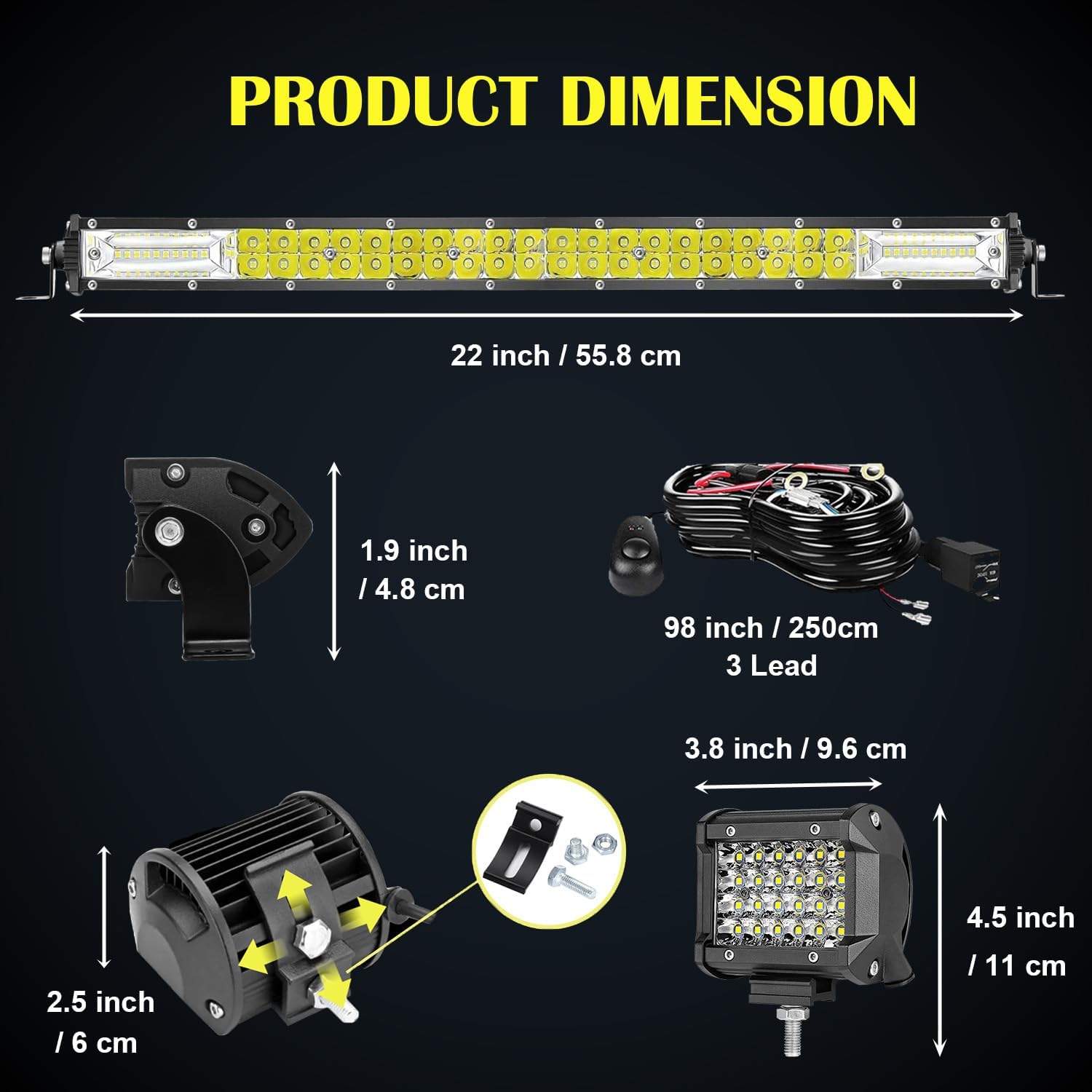 LED Light Bar Kits, Double Row Slim LED Bar Light 2Pcs 22 Inch 180W, 4Pcs 4 Inch 72W Truck Work Light Pods 12V 24V Waterproof Off Road Driving Fog Lights for UTV 4x4 with Wiring Harness