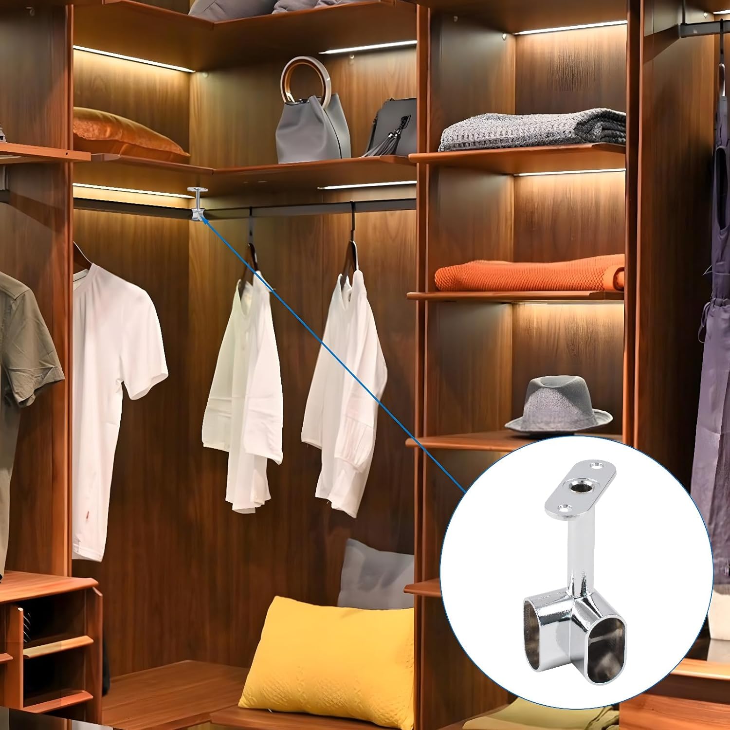 16PCS Silver Corner Closet Rod Support Bracket 90 ° Wardrobe Accessories Clothes Rail Flange Seat for Cabinet Wardrobe in Bedroom Bathroom