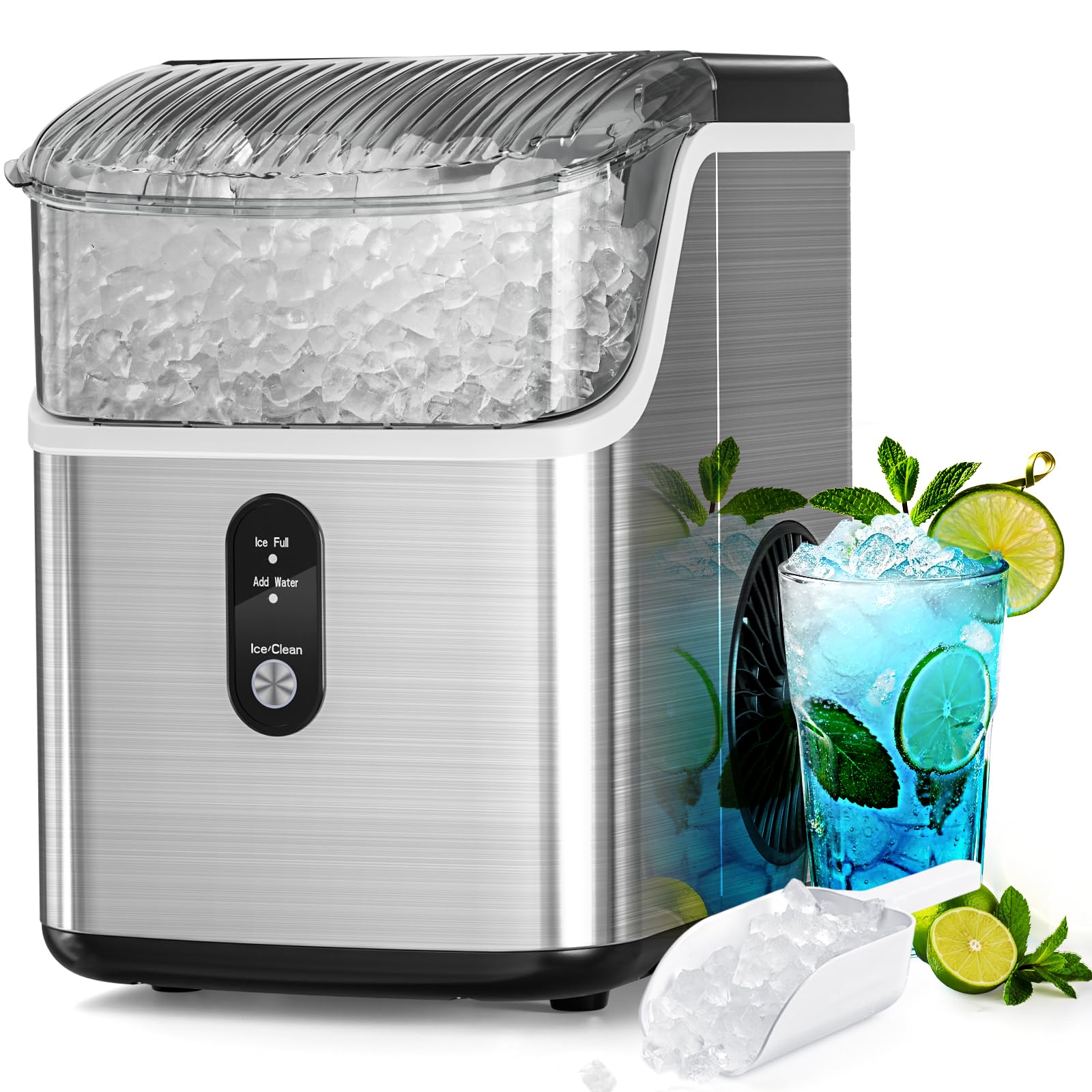 Antarctic Star Nugget Ice Maker Countertop, Chewable Nugget Ice Machine With Automatic Cleaning, Fast Ice Making 34lbs/24h, One Click Operation For Party/Home/Bar/RV (Stainless Steel Silver) | Fridge.com
