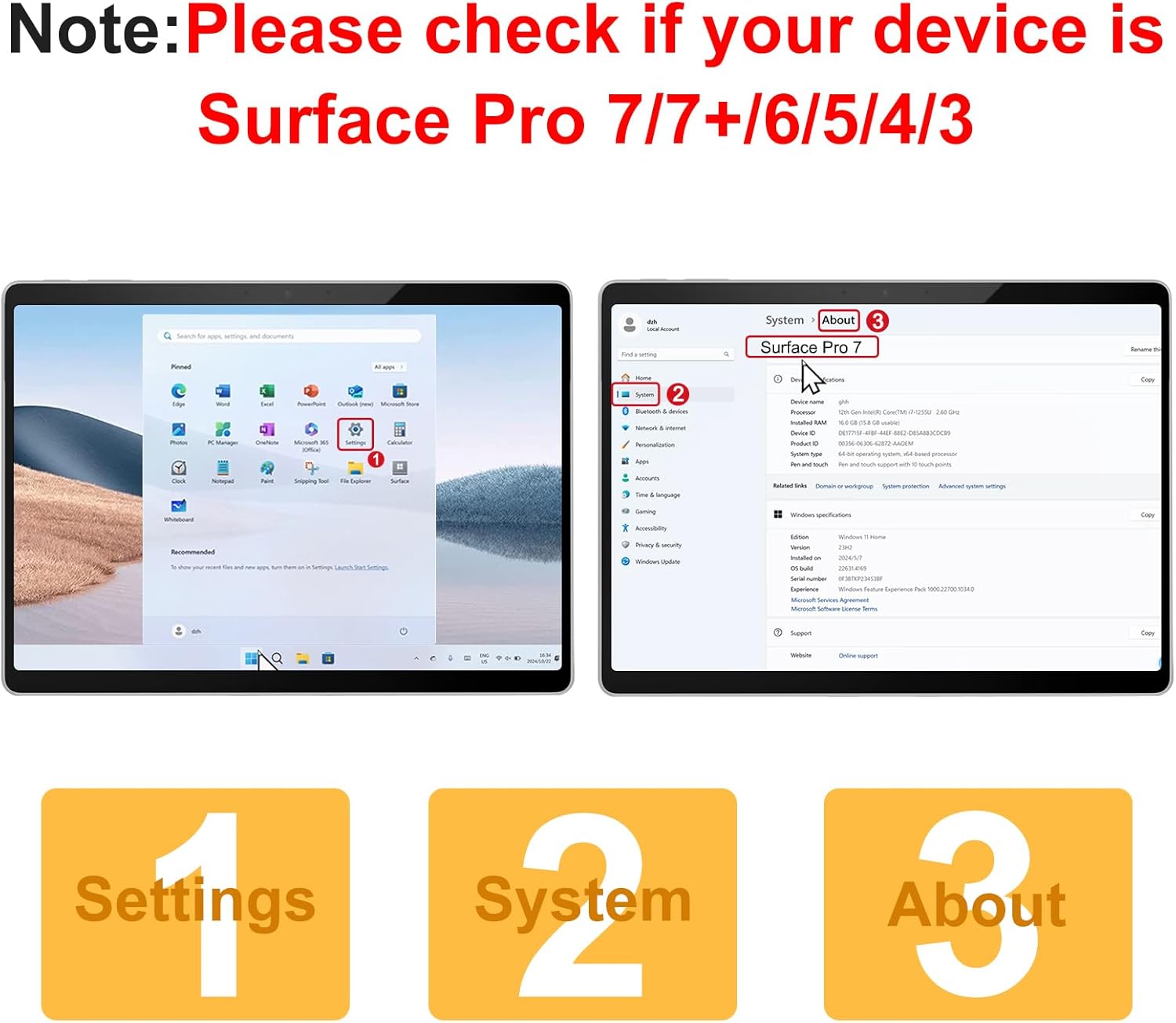 Diagram showing steps to check Surface Pro model in settings: 1. Settings, 2. System, 3. About.