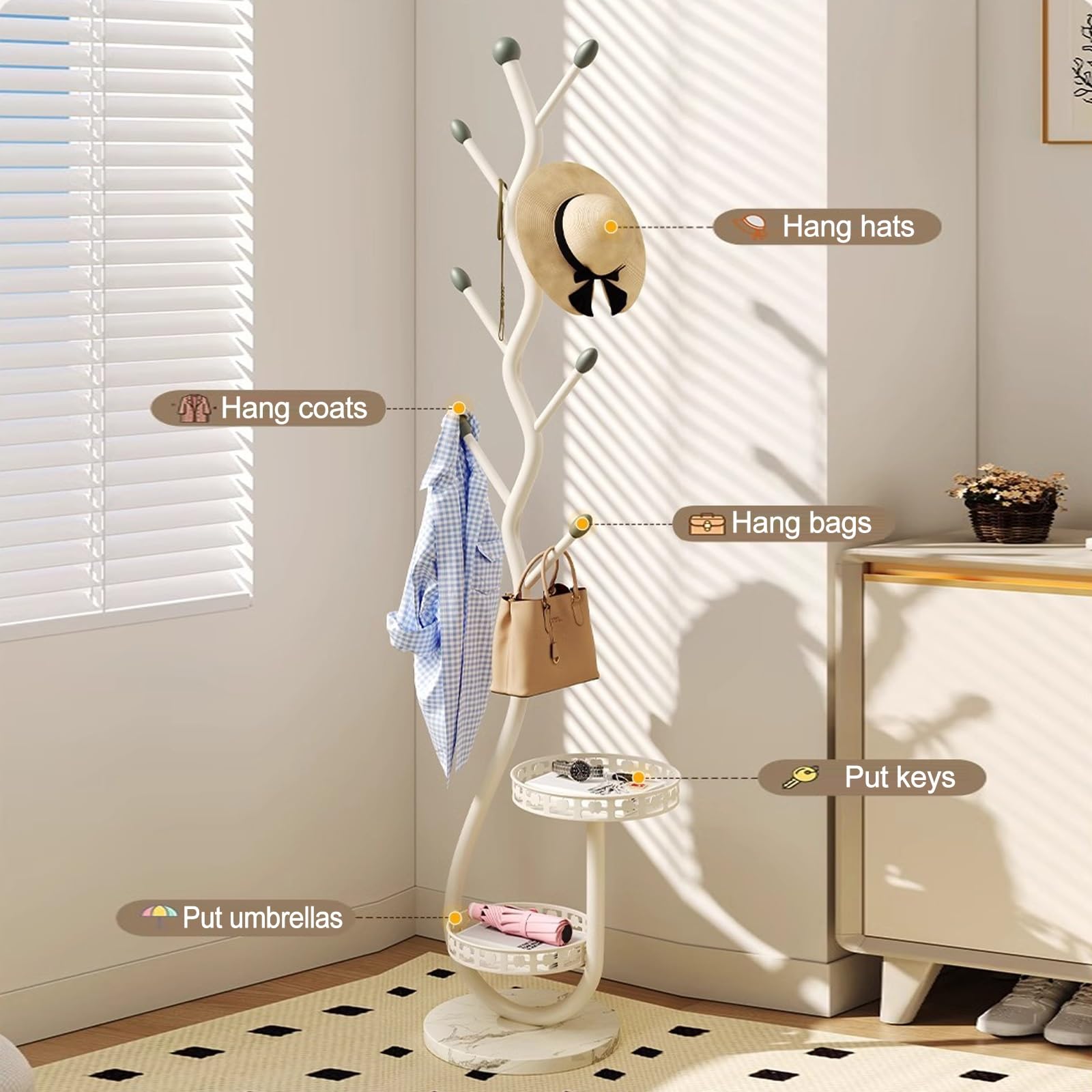 Attaccapanni in Metallo, Appendiabiti da Terra, Coat Rack con Cestino Portaoggetti può Appendere Vestiti, Cappelli(Black)