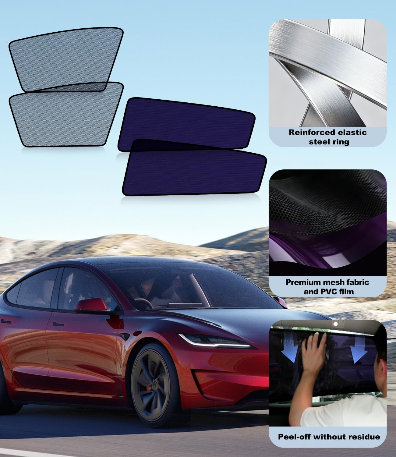 XCBYT Car Window Shades for Tesla Model 3 Highland 2024-2026, Static Cling Privacy Rear Side Window Covers, Clear Front Half Window Shades, Easy Install, No Residue (4 PCS)