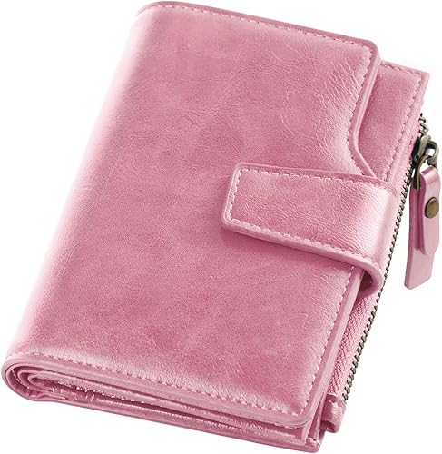 GSG Cartera pequeña para mujer con bloqueo RFID, tarjetero de cuero retro plegable para mujer con bolsillo para monedas con cremallera, 1-Rosa,